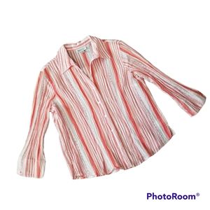 Coldwater Creek Crinckle Orange Striped 3/4 Sleeve Button Front Women's Large